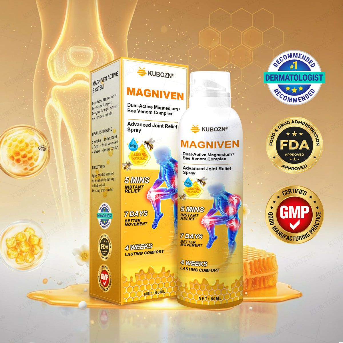 🇺🇸🏅  KUBOZN® MagniVen Magnesium & Bee Venom Joint Spray – 5 Min Relief · 7 Day Mobility · 4 Week Comfort