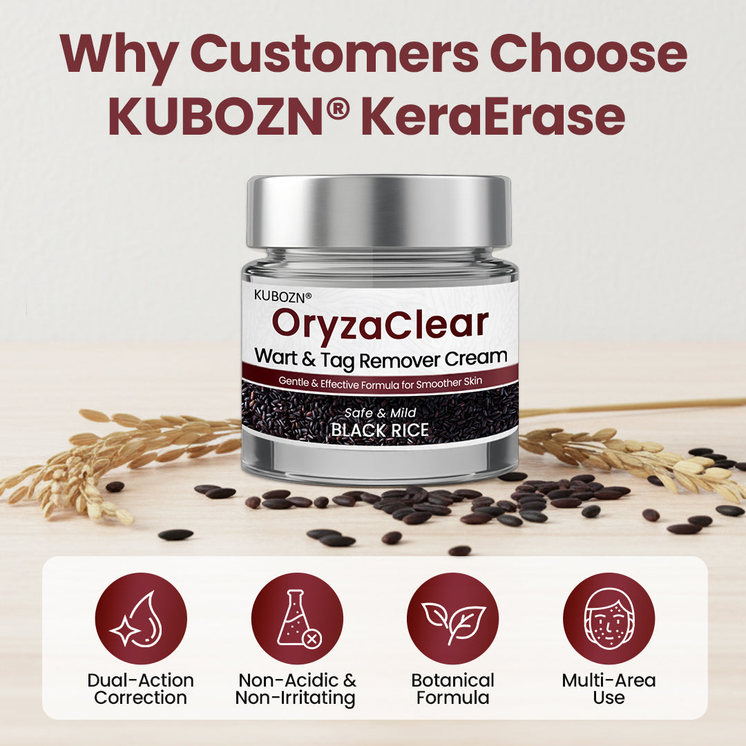 ⭐ KUBOZN® OryzaClear – Black Rice Power Cream for Skin Tags & Bumps · Gentle Plant-Based Softening Formula
